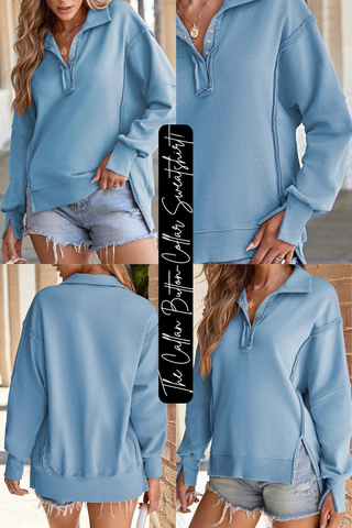The Callan Button-Collar Sweatshirt (Dusty Blue!)