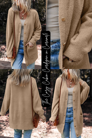 The Cozy Cabin Cardigan in Caramel!
