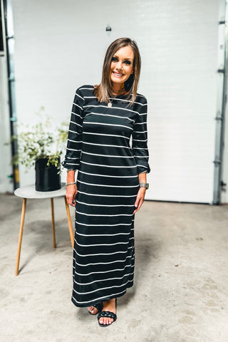 NEW The Harlow Stripe Dress with 3/4 Roll Tab Sleeves! (Black + White)