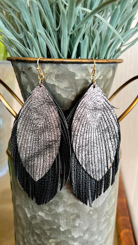Feathered-Leather Earrings in Pewter/Black!