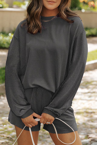 The Long Sleeve Willow Ribbed Shorts Set in Charcoal Black!